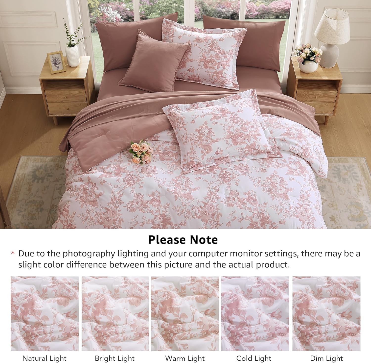 Queen Comforter Set -7 Pieces Pink Floral Comforter Set for All Seasons, Bed in a Bag Queen with Botanical Flowers Comforter, Sheets, Pillowcases & Shams - Image 4