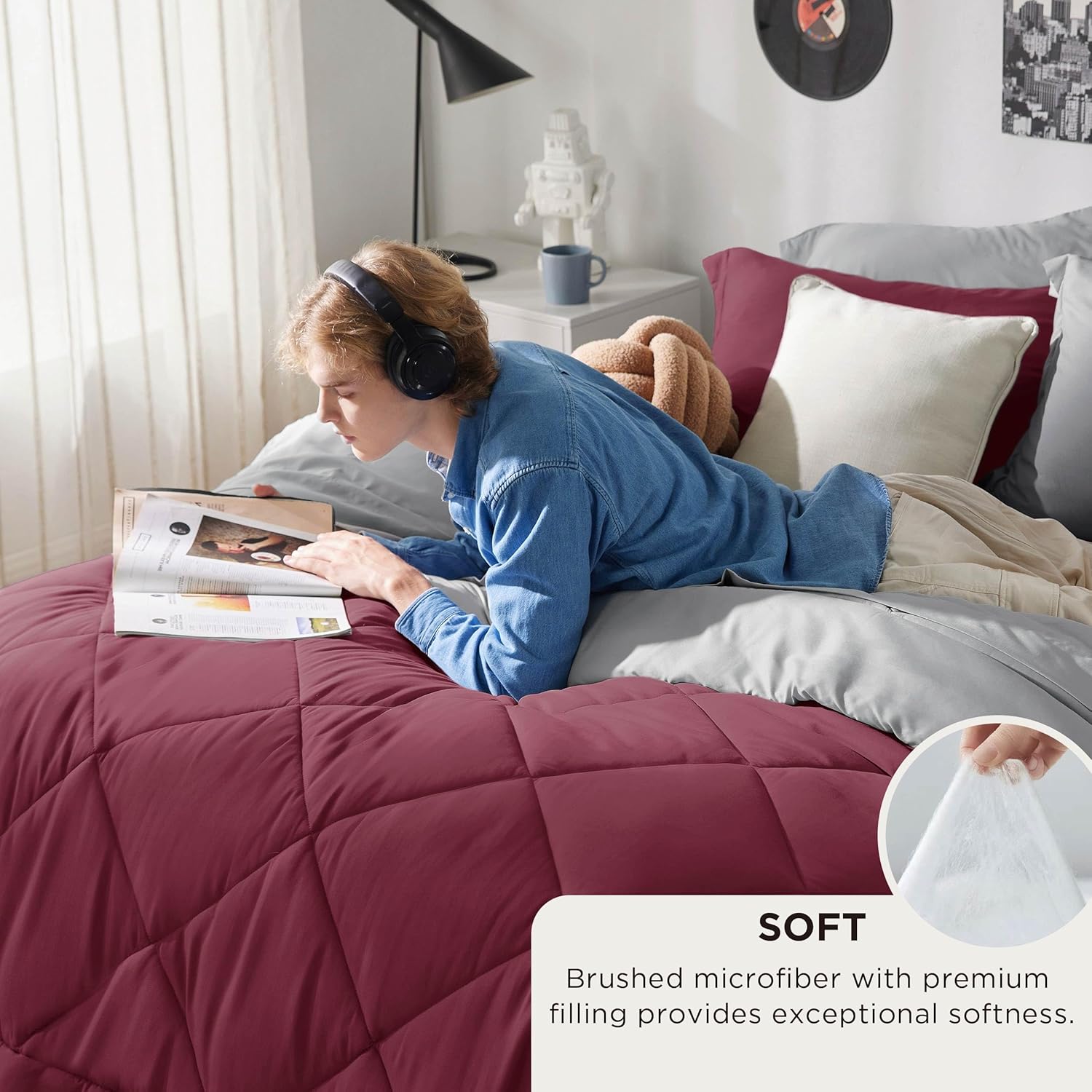 Bedsure Queen Comforter Set - 7 Pieces Reversible Burgundy Bedding, Queen Size Bed Set for All Seasons, Bed in a Bag with Down Alternative Comforter, Sheets, Pillowcases & Shams - Image 3