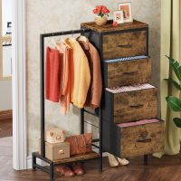Dresser with Hanging Rack, 4 Drawers Small Closet for Bedroom, Reversible Fabric Kids Chest of Drawers with Clothes Rack, Tall Storage Tower, Sturdy Frame, Rustic Brown, 44''H - Image 2