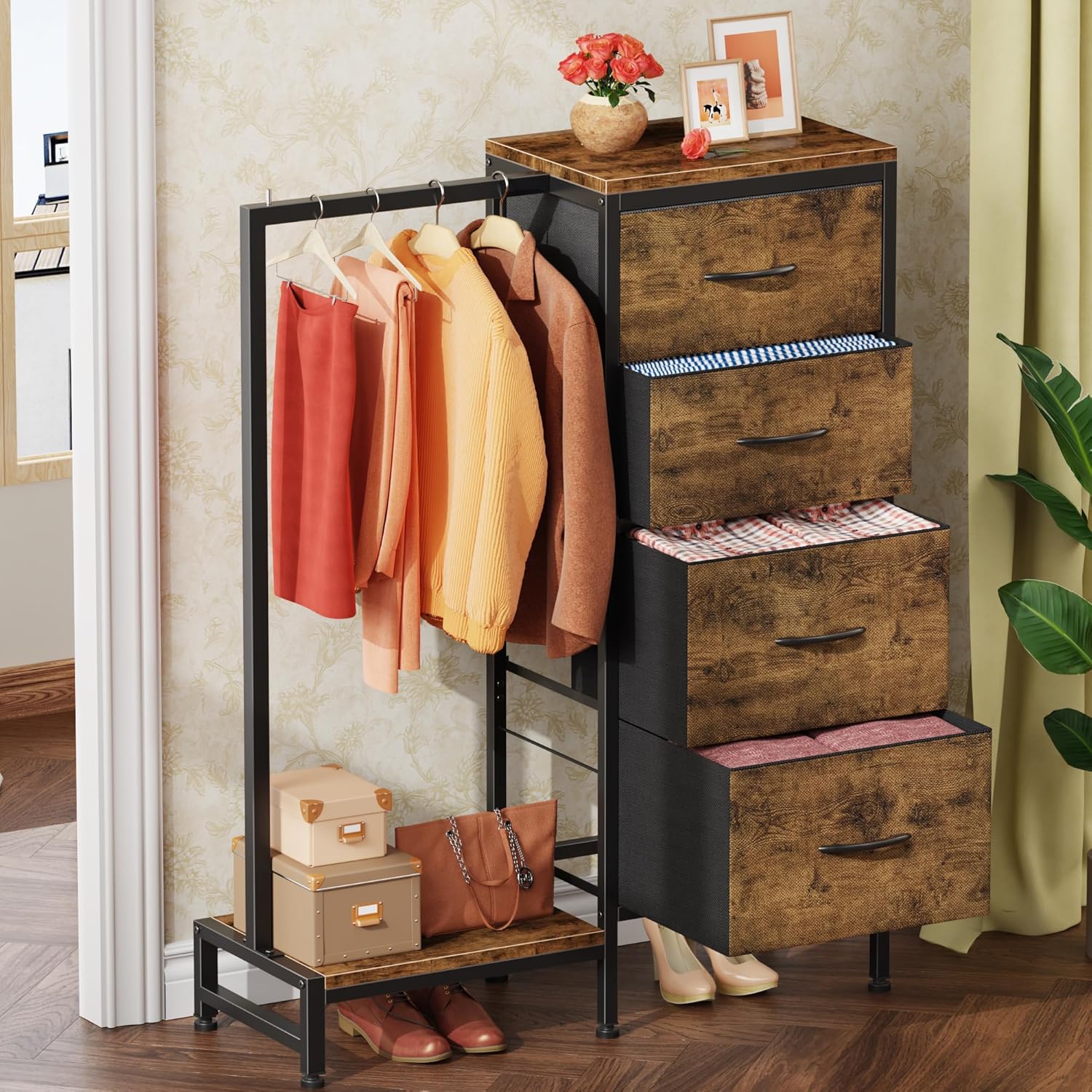 Dresser with Hanging Rack, 4 Drawers Small Closet for Bedroom, Reversible Fabric Kids Chest of Drawers with Clothes Rack, Tall Storage Tower, Sturdy Frame, Rustic Brown, 44''H - Image 2