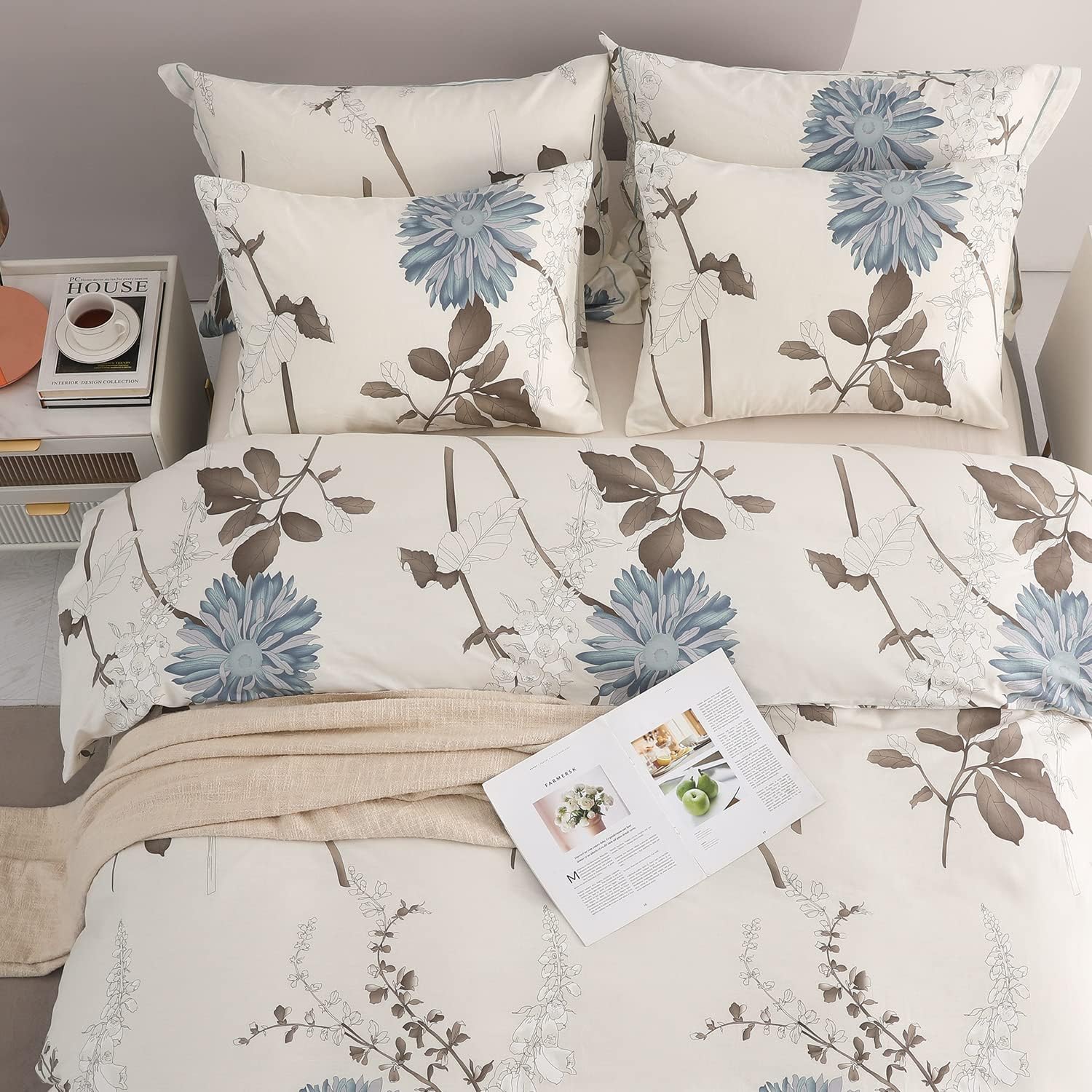 SLEEPBELLA Comforter King Size, 600 Thread Count Cotton Brown Branches and Blue Flowers Off-White Comforter Sets, Down Alternative Bedding Set 3Pcs(King, Off-White Botanical) - Image 5