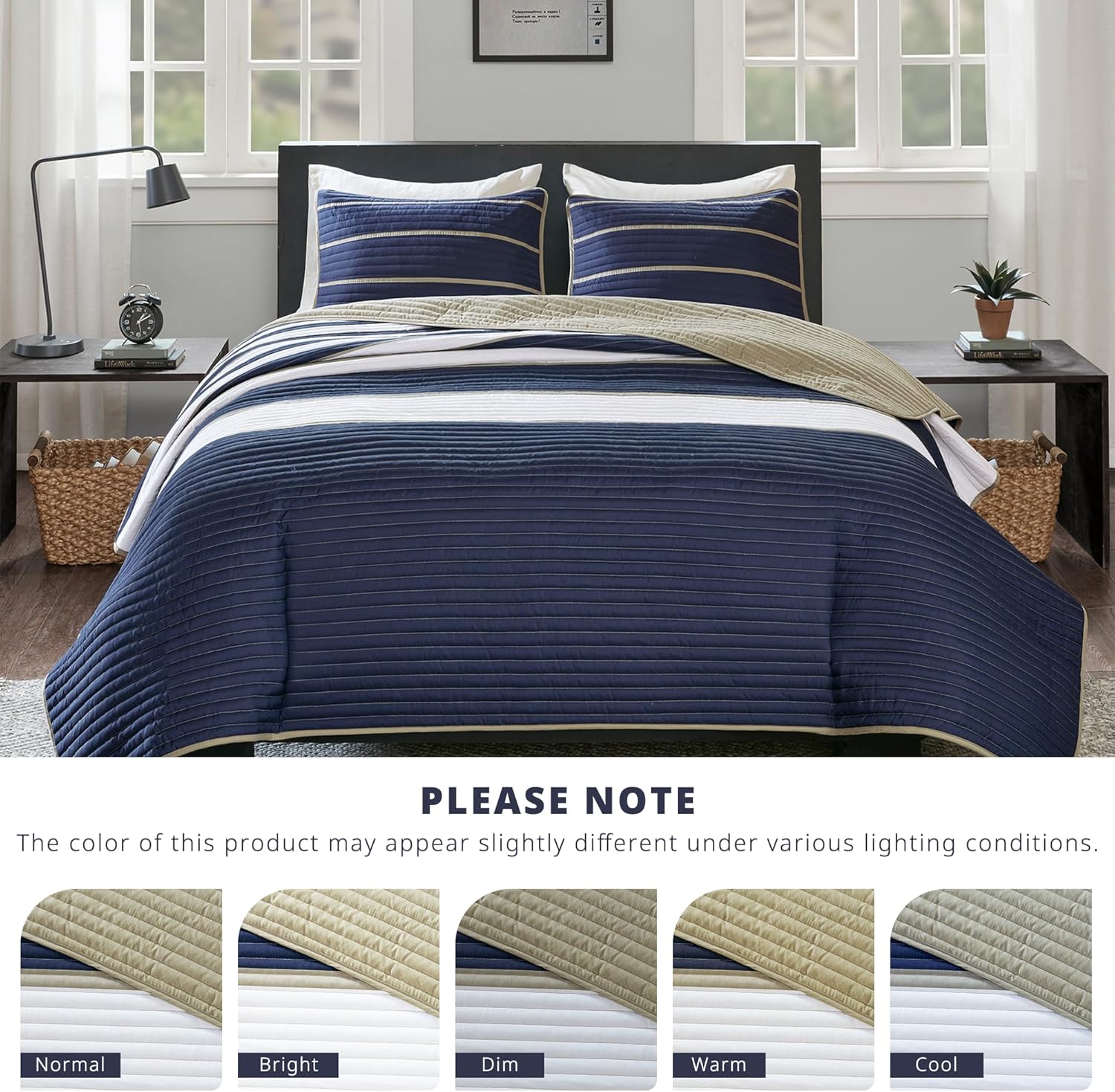 Comfort Spaces Quilt Set Trendy Casual Fun, Vibrant Color Design, Hypoallergenic All Season, Lightweight Coverlet Bedspread Cozy Kids Bedding & Sham Full/Queen Verone White Blue Stripe 3 Piece - Image 7