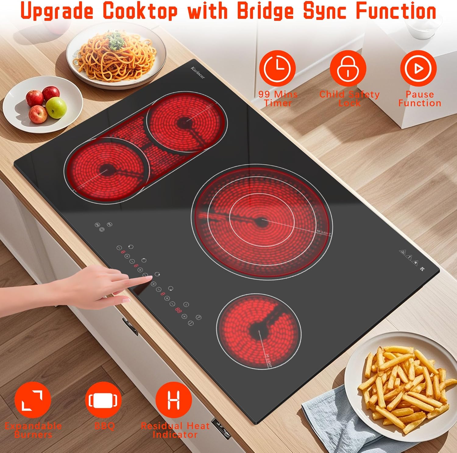 Karinear Electric Cooktop 30 Inch, 4 Burners Electric Stove Top, Flexible Bridge &Triple Ring Expandable Burners, Pause, Timer, Child Safety Lock, 7800W Built-in Ceramic Cooktop for 220-240V Hard Wire - Image 2