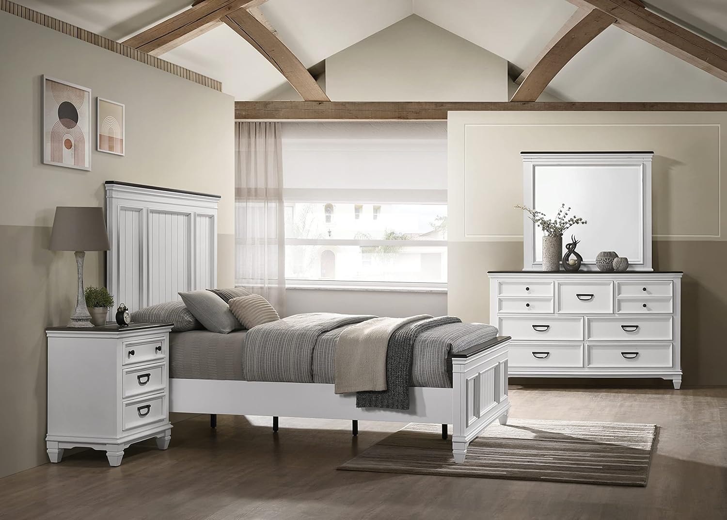 Roundhill Furniture Clelane Wood Bedroom Set with Shiplap Panel Queen Bed, Dresser, Mirror, Nightstand, and Chest in Weathered White and Dark Gray - Image 2