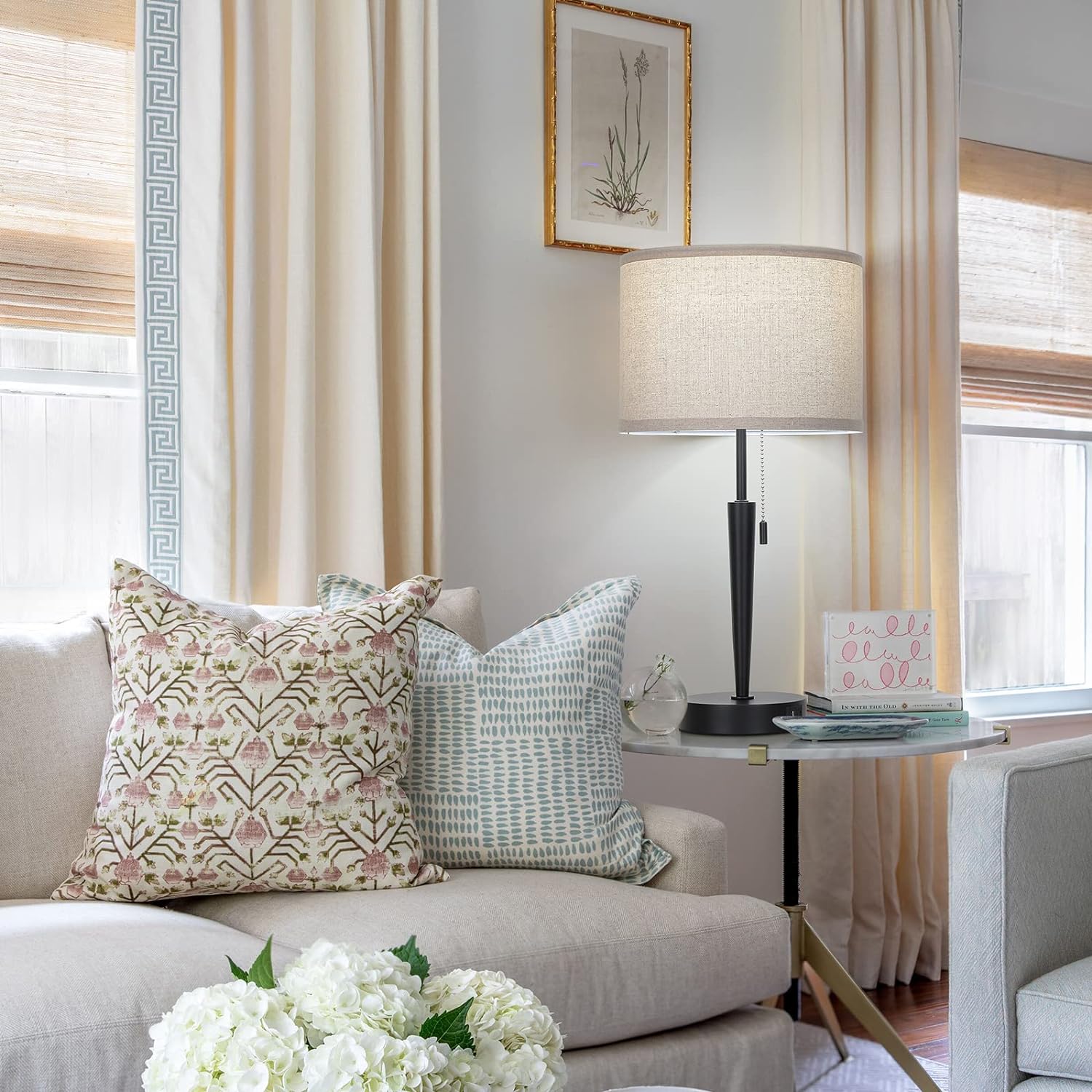 GGOYING Set of 2 Bedside Table Lamp, Pull Chain Nightstand Lamps with USB C Charging Ports, 5000K LED Bulb, Round Fabric Linen Lampshade for Livingroom,Bedroom,Home - Image 4