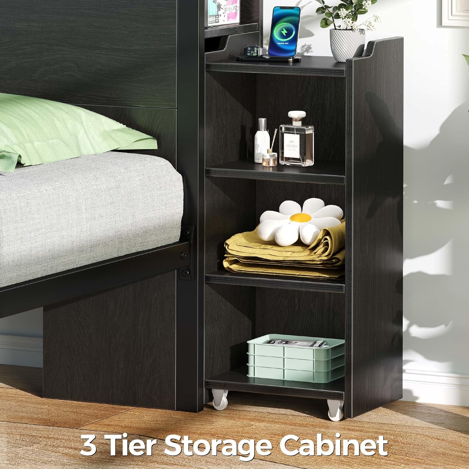 Rolanstar Bed Frame Queen Size with Bookcase Storage Headboard, Slide Out Bedside Storage, Bed with Charging Station & LED Lights, Heavy Duty Metal Slats, No Box Spring Needed, Noise Free, Black - Image 5