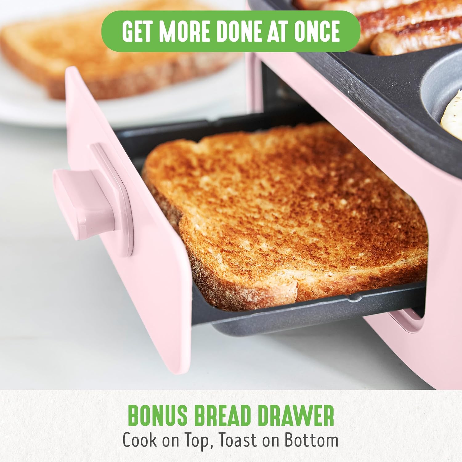 GreenLife 3-in-1 Breakfast Maker Station, Healthy Ceramic Nonstick Dual Griddles for Eggs Meat Sausage Bacon Pancakes and Breakfast Sandwiches, 2 Slice Toast Drawer, Easy-to-use Timer, Pink - Image 9
