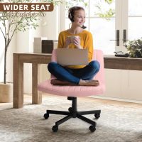 Waleaf Criss Cross Chair with Wheels, Wide Seat Cross Legged Office Chair Armless Ergonomic Office Chair for Home Office, Swivel Adjustable Fabric Wide Desk Chair, Computer Task Vanity Chair (Pink) - Image 3
