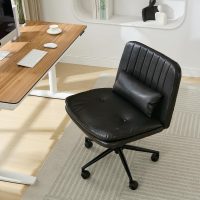 Criss Cross Chair with Wheels, Armless Comfy Thickened Cushion Wide Seat Cross Legged Office Chair with Pillow, Adjustable Swivel Mid Back Computer Task Vanity Home Office Desk Chair (PU, Black) - Image 3