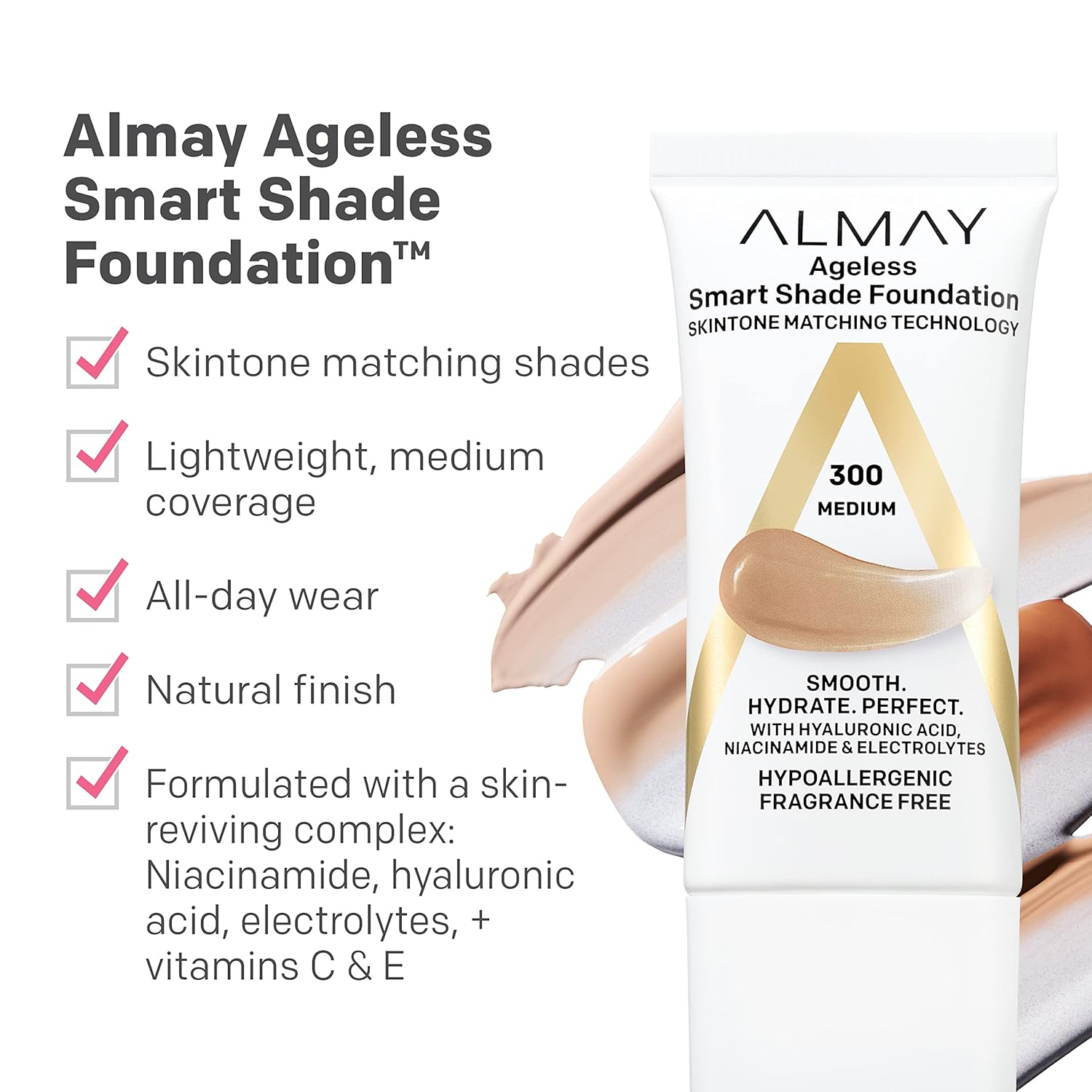 Almay Anti-Aging Foundation, Smart Shade Face Makeup with Hyaluronic Acid, Niacinamide, Vitamin C & E, Hypoallergenic-Fragrance Free, 200 Light Medium, 1 Fl Oz (Pack of 1) - Image 3