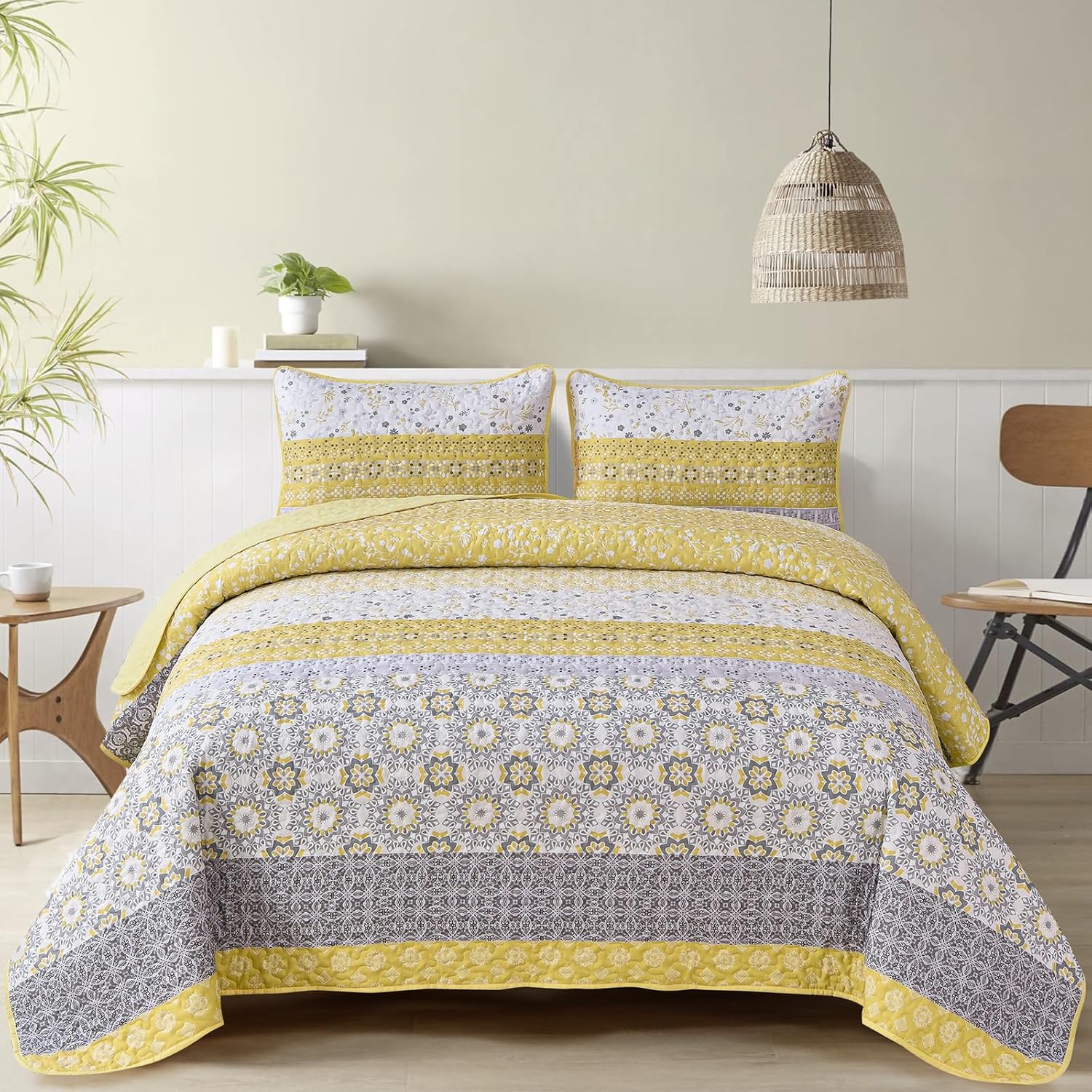 WONGS BEDDING Boho Quilt Set Queen, Yellow Bohemian Striped Patchwork Bedspread Coverlet Set with 2 Pillowcases,Lightweight Microfiber Floral Bedding Set 96"×90" - Image 2