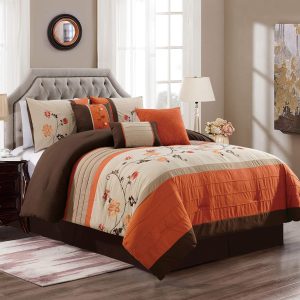 Chezmoi Collection Serene 7-Piece Luxury Autumn Floral Embroidery Comforter Set, Queen, Orange/Brown/Taupe