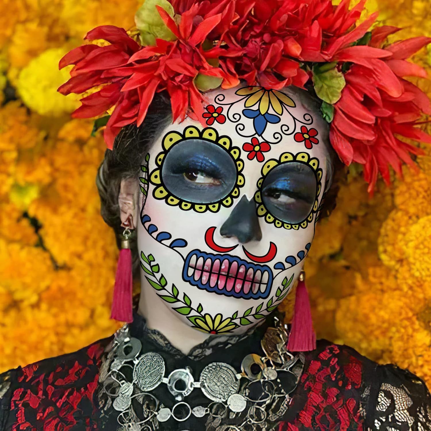 Day of the Dead Face Tattoos Makeup Kit, 10 Pack Halloween Sugar Skull Red Roses Temporary Tattoos for Adults Women Men Kids, DIY Skull Full Face Mask Stickers for Halloween Party Cosplay Supplies - Image 5