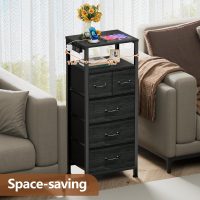 Furnulem Dresser for Bedroom, Tall Nightstand, Vertical Chest with Wood Top, Charging Station, LED Lights, 5 Fabric Bins, Bedside Table with Shelf, Furniture for Entryway (5 Drawer, Black Oak) - Image 4