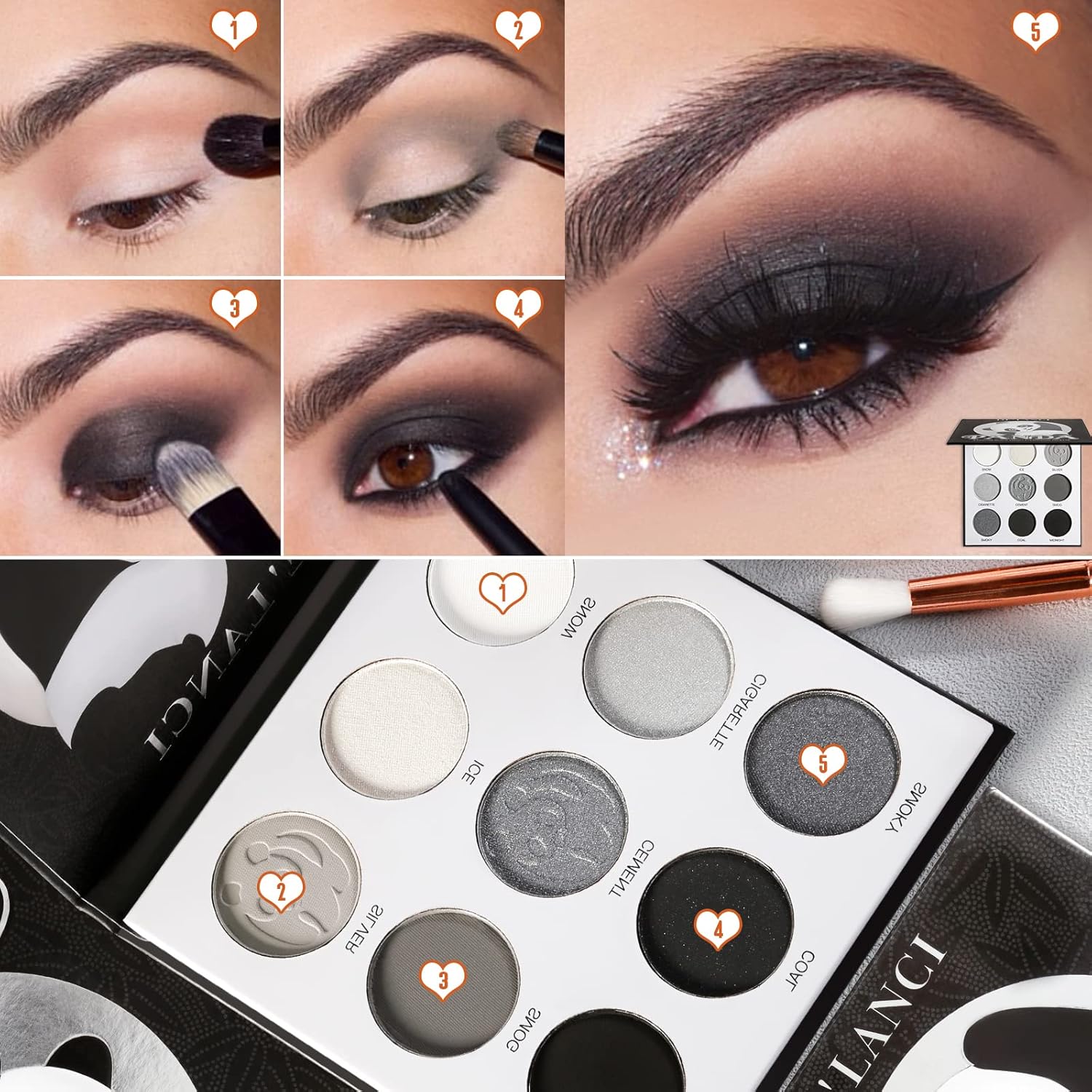 ecofavor Black Smoky Eye shadow Palette, DE’LANCI PANDA 9 Colors True Black Dark Grey Smokey Goth Makeup Pallet, 9 Soft Matte Shimmer High Pigmented Basic Black White Gray Shade for Halloween - Image 3