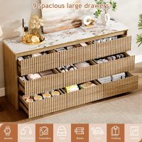 Fluted Dresser for Bedroom with 9 Drawers,62.99" Modern Chest of Drawers with Faux Marble Top, Curved Profile Design,Dresser TV Stand, Wood Drawer Organizer for Living Room, Hallway, Wood - Image 3