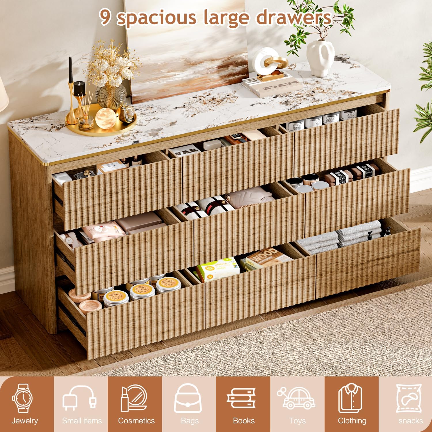 Fluted Dresser for Bedroom with 9 Drawers,62.99" Modern Chest of Drawers with Faux Marble Top, Curved Profile Design,Dresser TV Stand, Wood Drawer Organizer for Living Room, Hallway, Wood - Image 3