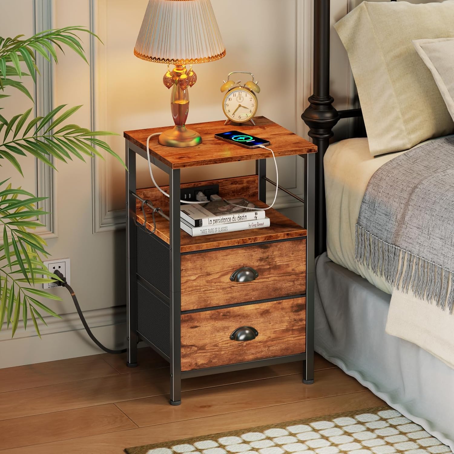 Furologee End Table with Charging Station, Nightstand with Fabric Drawers, Side Table with USB Ports & Outlets, Night Stand with Storage Shelf & Hooks, for Living Room/Bedroom, Rustic Brown - Image 2