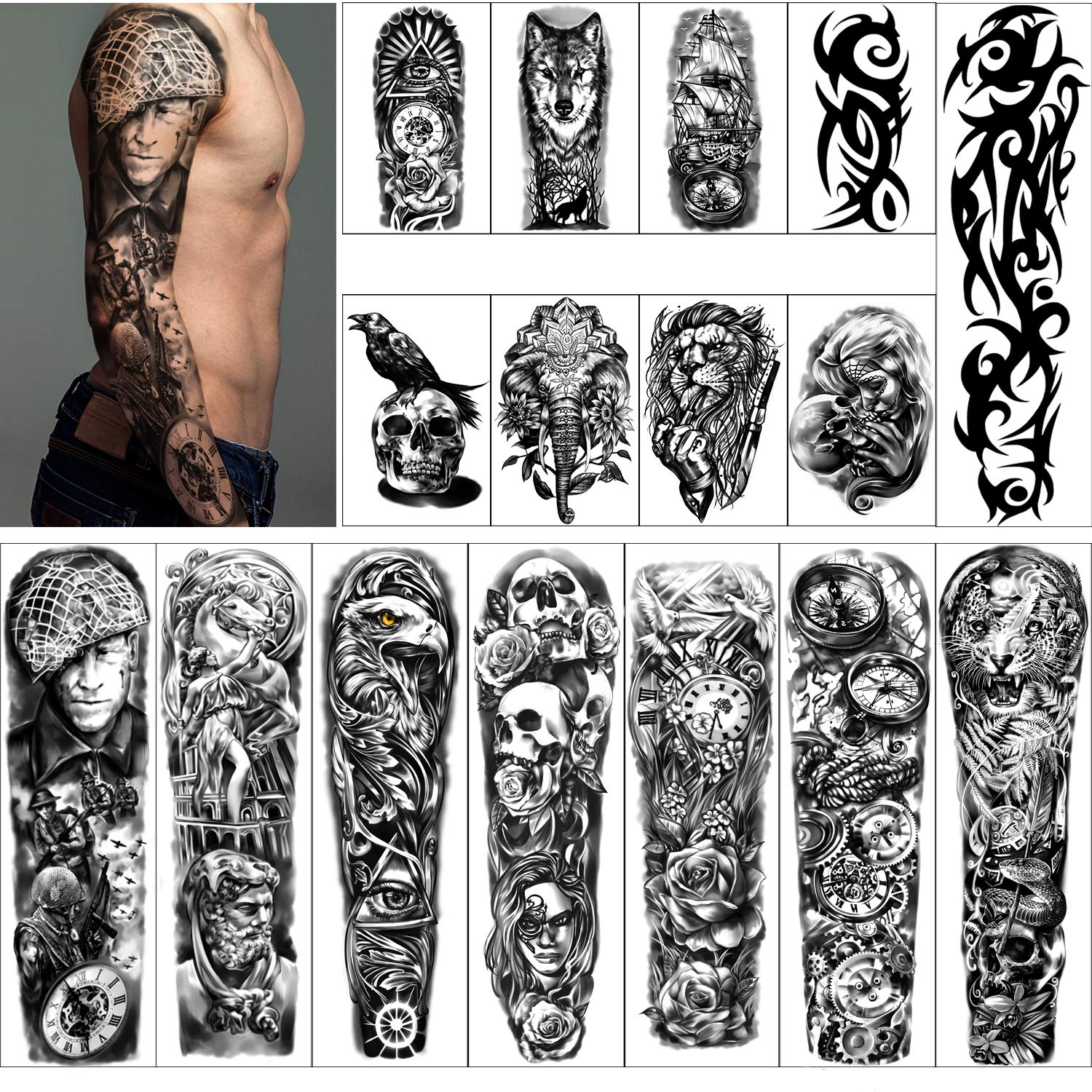 Full Arm Temporary Tattoos 8 Sheets and Half Arm Shoulder Waterproof Tattoos 8 Sheets, Extra Large Tattoo Stickers for Men and Women (22.83"X7.1")