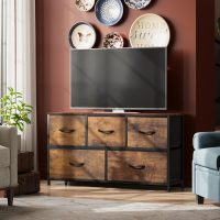 WLIVE Dresser for Bedroom with 5 Drawers, Wide Chest of Drawers, Fabric Dresser, Storage Organizer Unit with Fabric Bins for Closet, Living Room, Hallway, Rustic Brown Wood Grain Print - Image 2