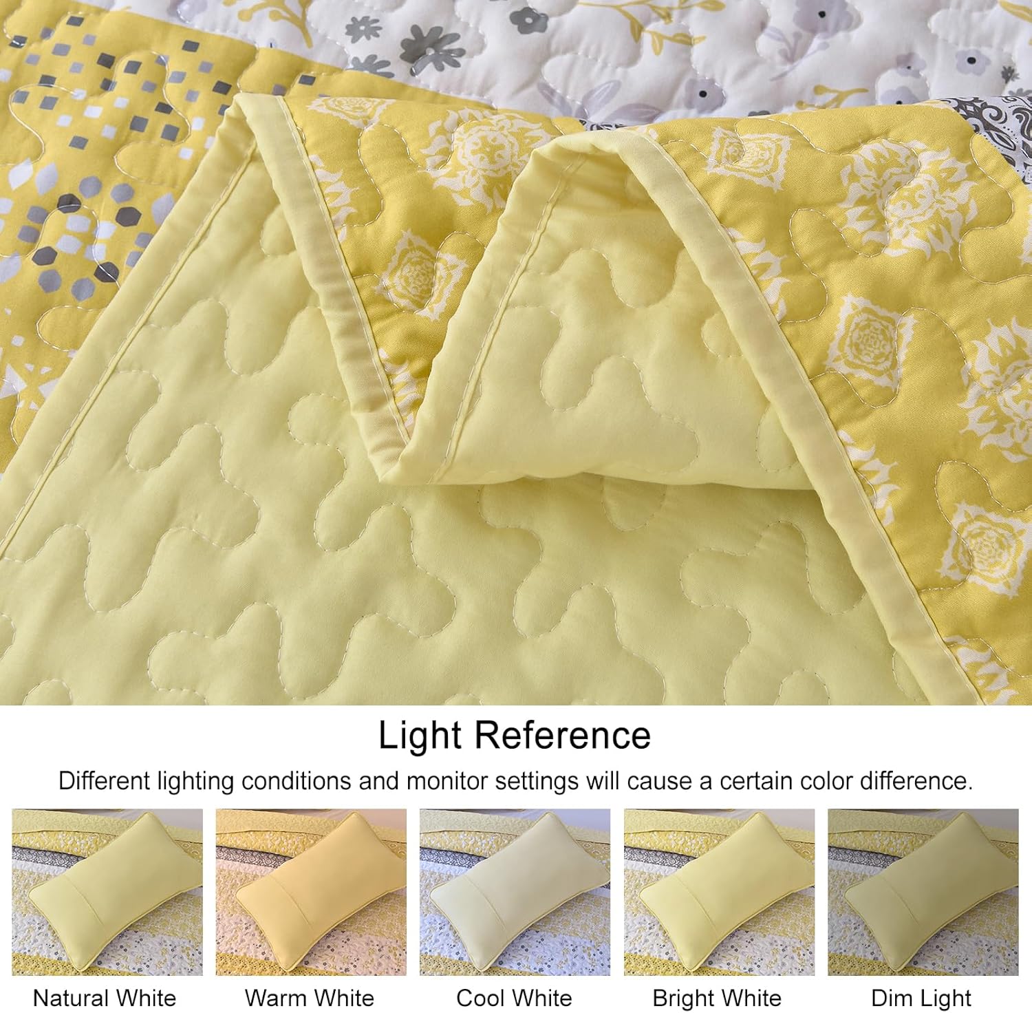 WONGS BEDDING Boho Quilt Set Queen, Yellow Bohemian Striped Patchwork Bedspread Coverlet Set with 2 Pillowcases,Lightweight Microfiber Floral Bedding Set 96"×90" - Image 6