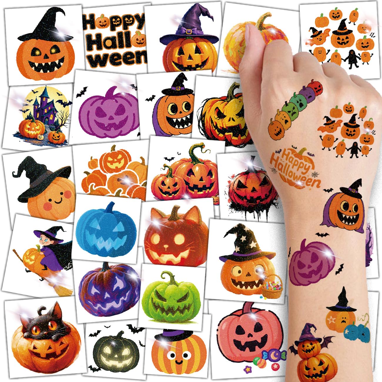 Glitter Halloween Pumpkin Temporary Tattoos for Kids - 74 Individually Sheets Pumpkin Tattoo Stickers for Kids Halloween Party Favors Treats Goodie Bag Fillers