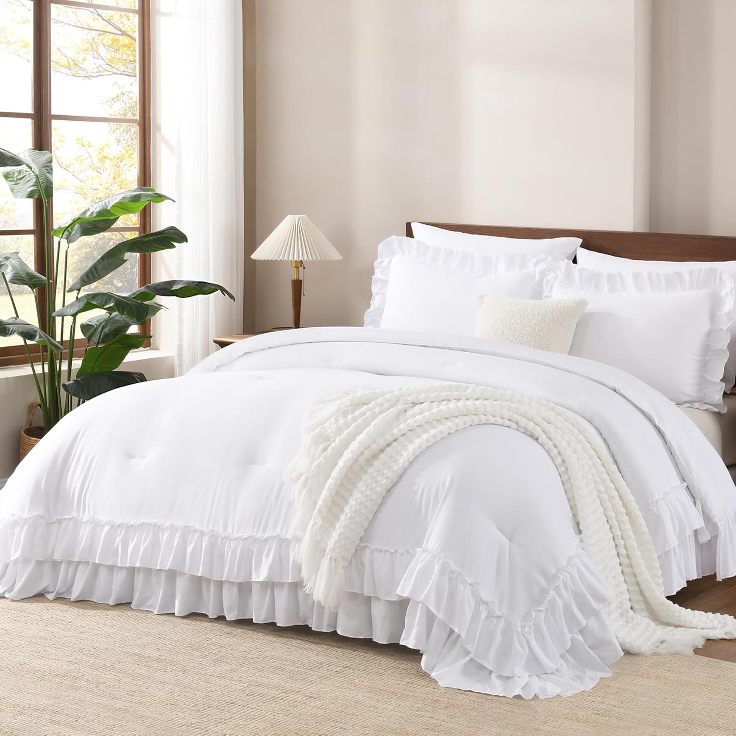 Andency White Ruffle Comforter Set King, Shabby Chic Farmhouse Bedding Comforter, Soft Lightweight Fluffy Microfiber Bet Set All Season 3 Pieces Solid Comforter Set