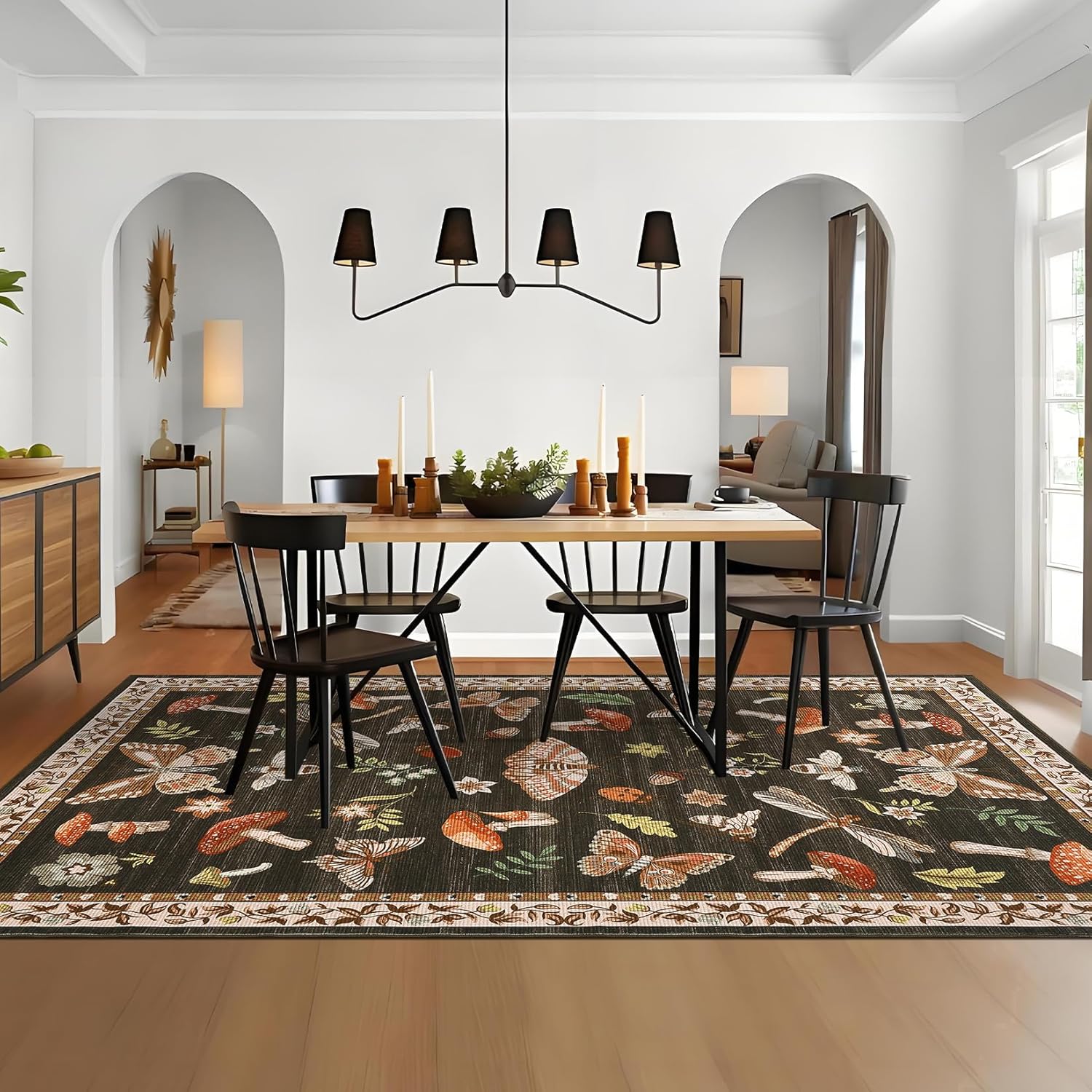 Mushroom Washable Rug 5x7 Area Rugs for Living Room, Insect Print Rug for Bedroom, Non Slip Throw Carpet with Rubber Back, Soft Low Pile Dining Room, Brown - Image 6