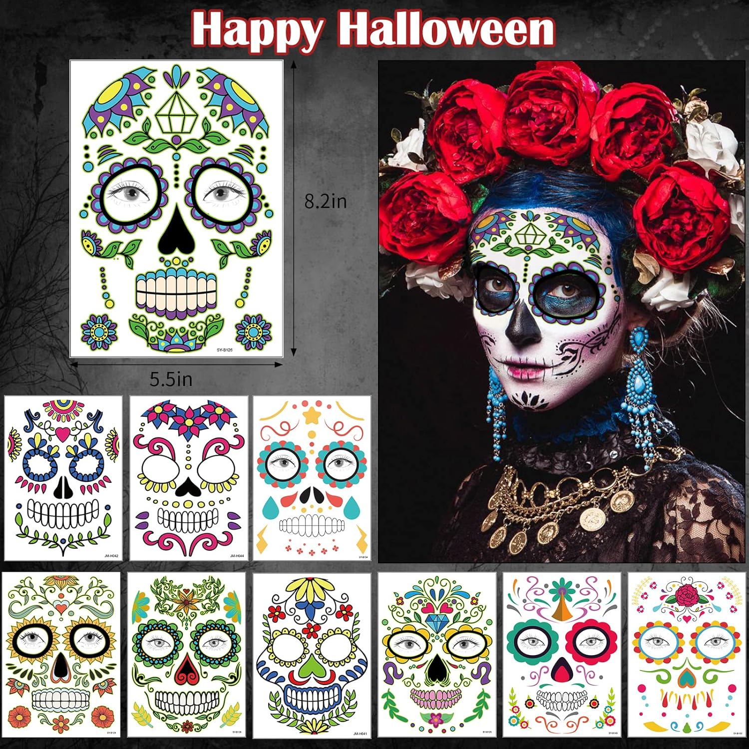 Day of the Dead Face Tattoos Makeup Kit, 10 Pack Halloween Sugar Skull Red Roses Temporary Tattoos for Adults Women Men Kids, DIY Skull Full Face Mask Stickers for Halloween Party Cosplay Supplies - Image 2