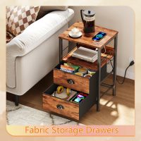 Furologee End Table with Charging Station, Nightstand with Fabric Drawers, Side Table with USB Ports & Outlets, Night Stand with Storage Shelf & Hooks, for Living Room/Bedroom, Rustic Brown - Image 6