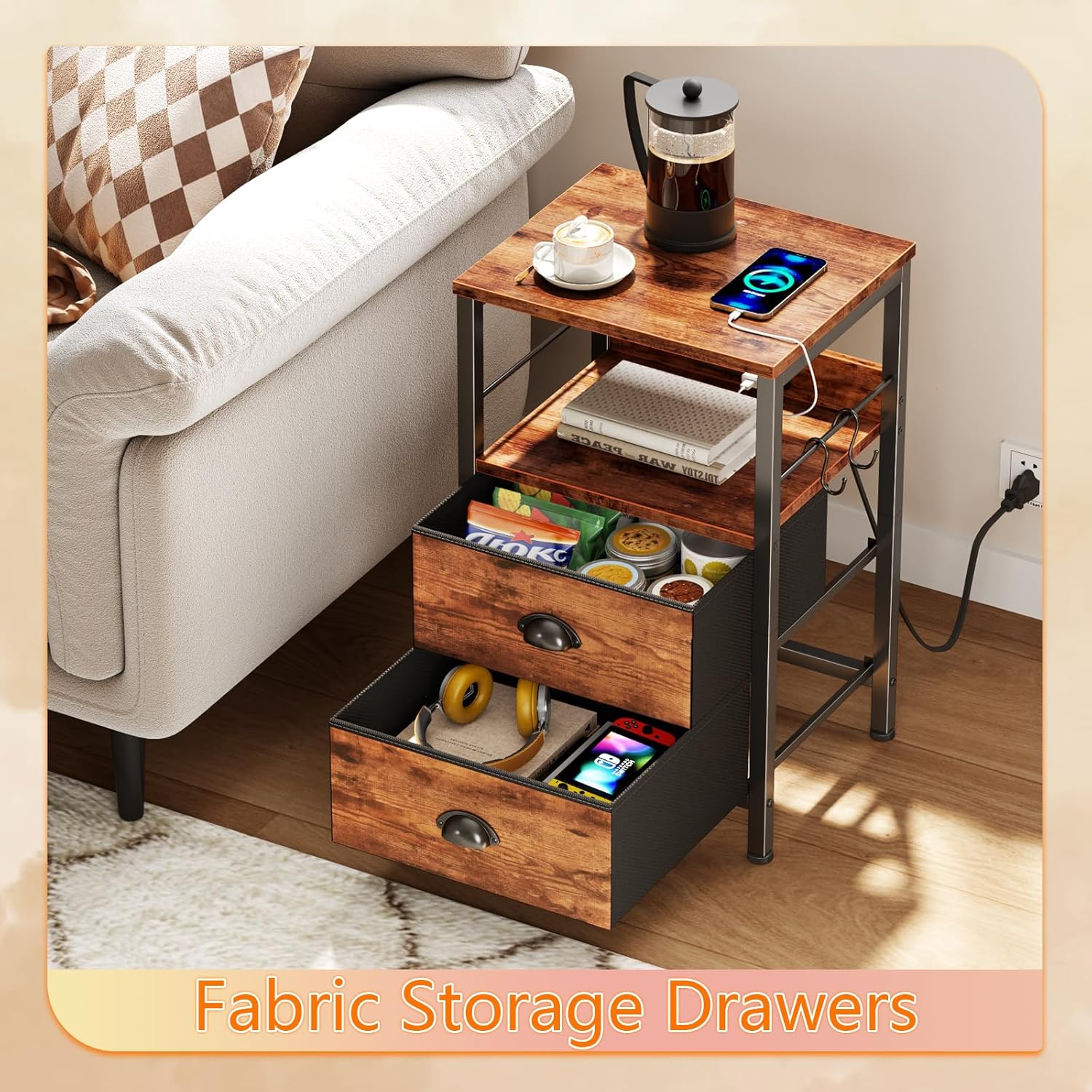 Furologee End Table with Charging Station, Nightstand with Fabric Drawers, Side Table with USB Ports & Outlets, Night Stand with Storage Shelf & Hooks, for Living Room/Bedroom, Rustic Brown - Image 6