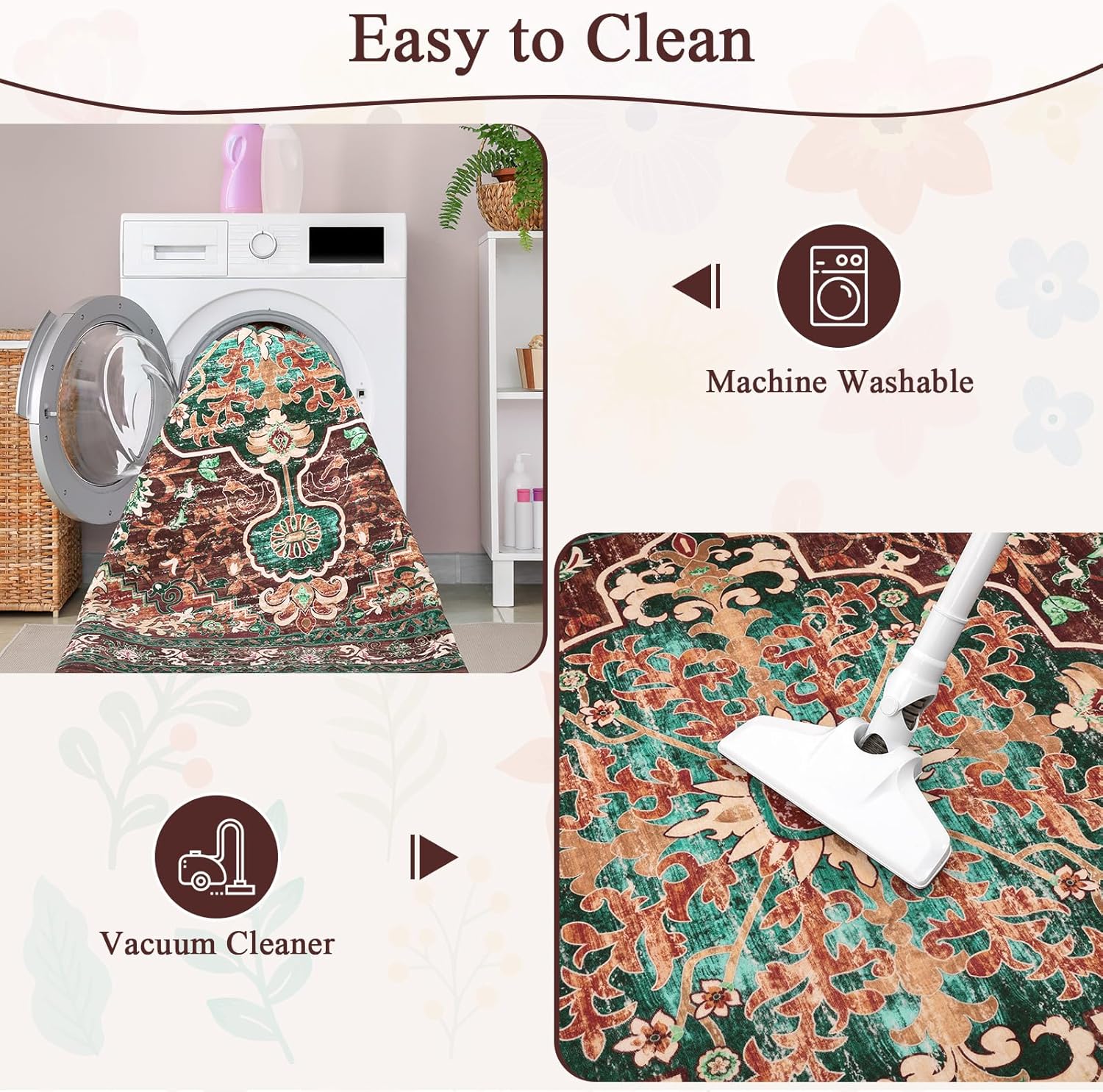 U'Artlines Boho Vintage Area Rug 5x7 Machine Washable Low Pile Ultra-Thin Soft Floor Carpet Non Slip Non Shedding Accent Rug for Living Room Bedroom Entryway Dining Room Office(Rust&Teal) - Image 8