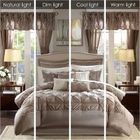 Madison Park Essentials Room in a Bag Faux Silk Comforter Set - Luxe Diamond Tufting All Season Bedding, Matching Curtains, Decorative Pillows, Taupe King(104"x92") 24 Piece - Image 2