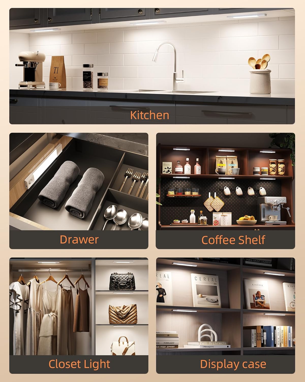 EZVALO Under Cabinet Lighting, Wireless Closet Lights, 50 LED Rechargeable Motion Sensor Light, Dimmable, 3 Color Temperatures, 11.8 inch Counter lights for Kitchen, Pantry, Bedroom, Wardrobe (3 Pack) - Image 7