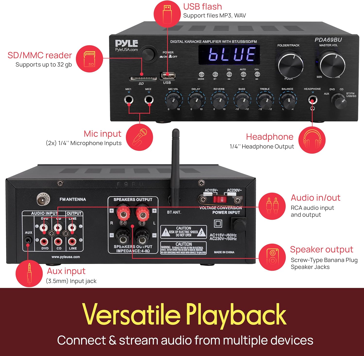 Pyle Stereo Amplifier Audio Receiver with Remote Control - Bluetooth Streaming, MP3/USB/SD/FM Radio, 2.0 Channel HiFi Sound System with RCA/Aux Inputs, Microphone & Headphone Jacks, Adjustable Bass - Image 2