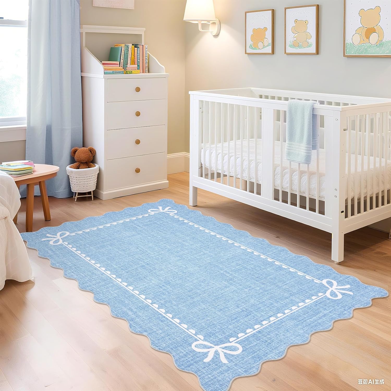 GarveeHome Scalloped Bow Rug for Living Room, Solid Blue Rug for Dorm, Washable Rugs 5x7 Soft Low Pile Non Slip Scalloped Rugs for Nursery College Bedroom Decor Kids Room Playroom - Image 3