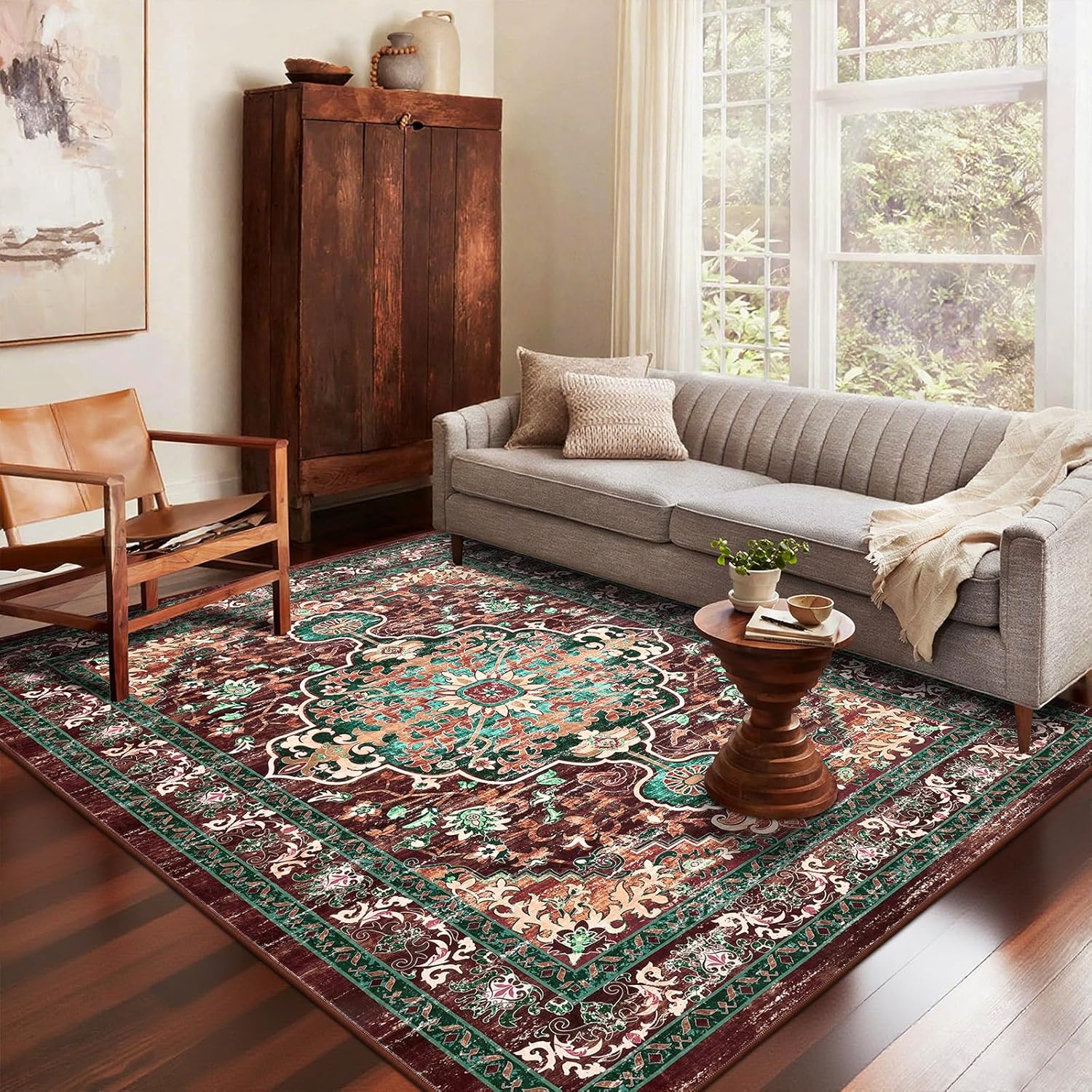 U'Artlines Boho Vintage Area Rug 5x7 Machine Washable Low Pile Ultra-Thin Soft Floor Carpet Non Slip Non Shedding Accent Rug for Living Room Bedroom Entryway Dining Room Office(Rust&Teal) - Image 7