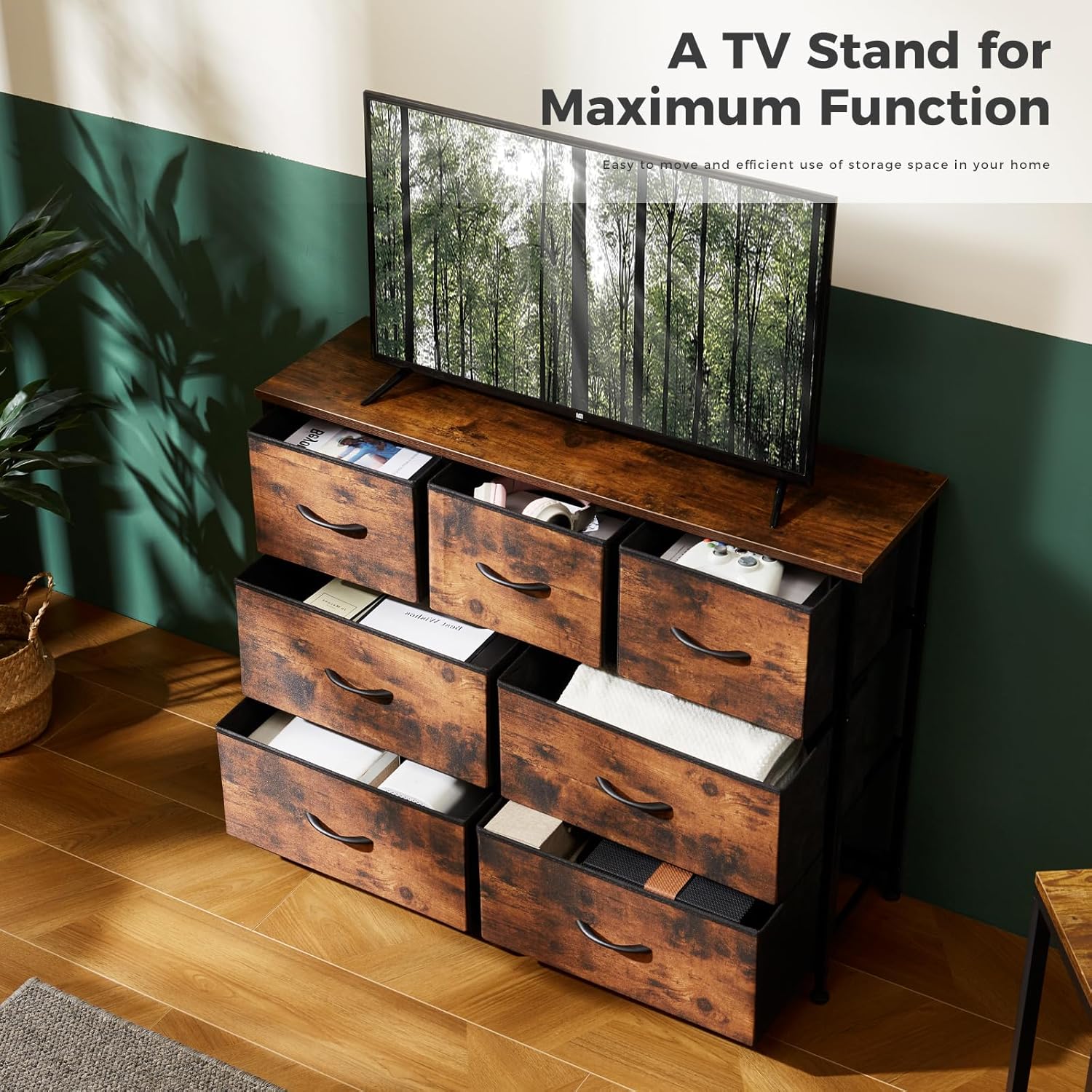 DUMOS Dresser for Bedroom with 7 Drawers, Storage Organizer Units Furniture, Chest Tower TV Stand with Fabric Bins, Metal Frame, Wooden Top for Nursery, Living Room, Bedroom, Closet, Brown - Image 7