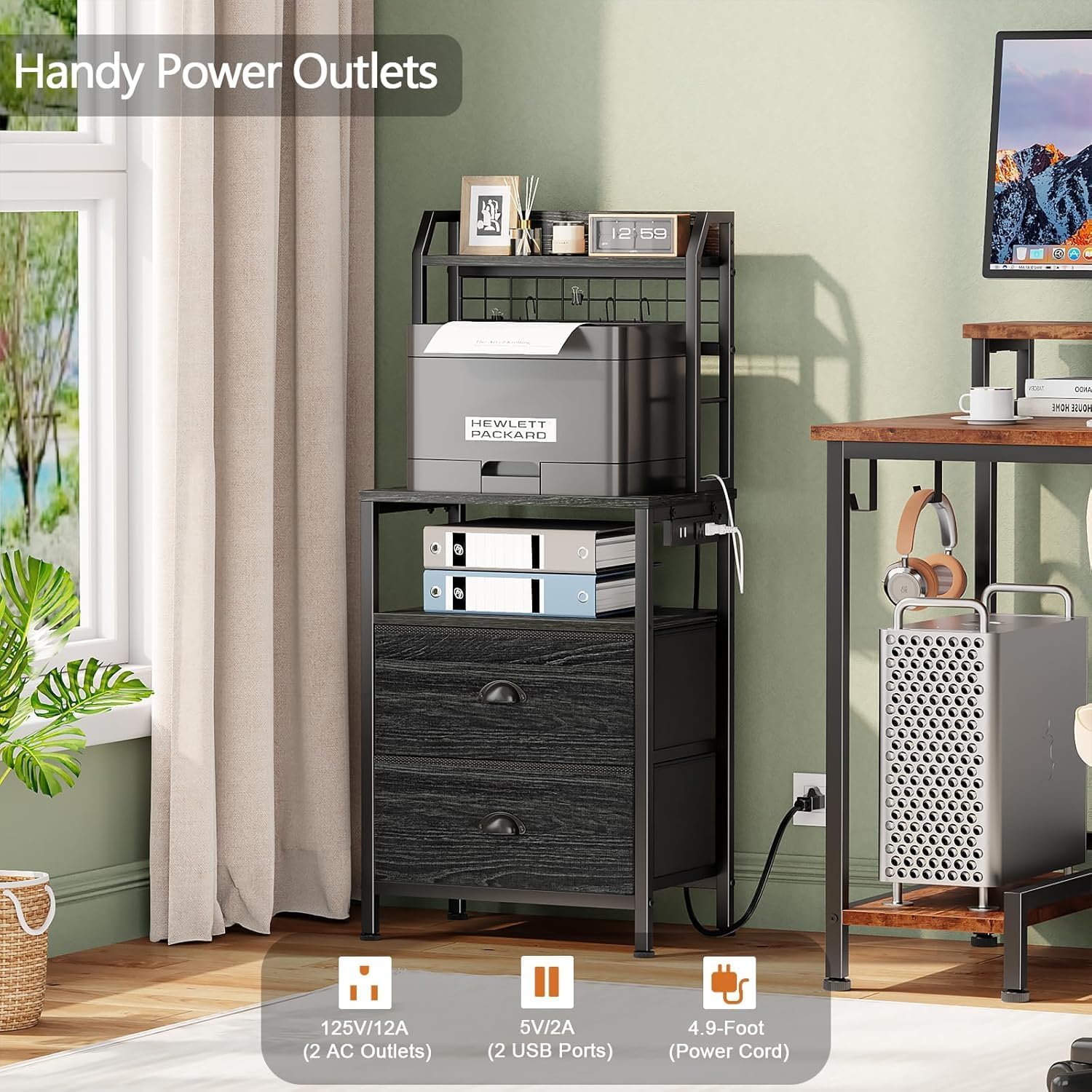 Furologee 40'' Tall Nightstand with Charging Station, Bedside Table with LED Lights, End Table with 2 Drawers and Storage Shelves, Night Stand with Pegboard for Bedroom, Black Oak - Image 5