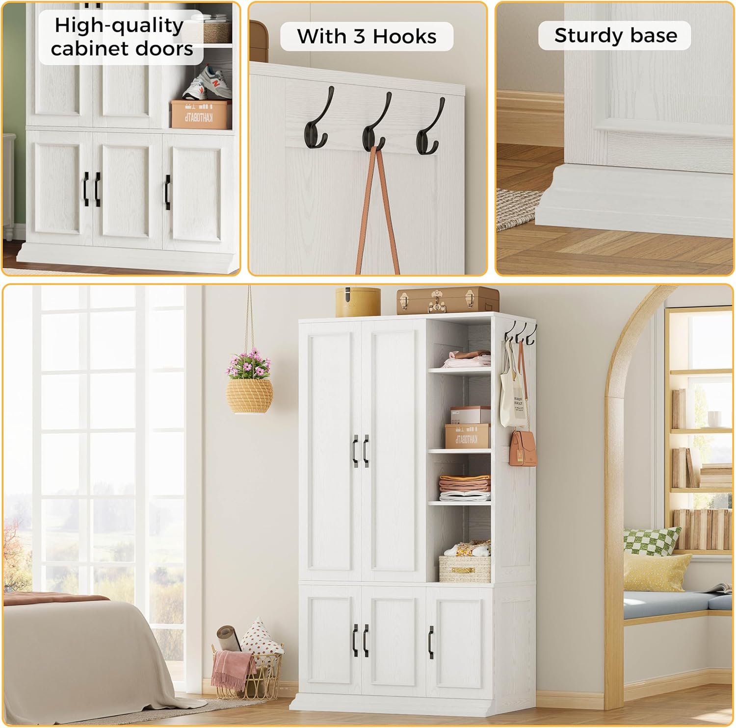 LIKIMIO Armoire Wardrobe Closet 70" H, 5 Doors Bedroom Wooden Wardrobe with 4 Storage Shelves and Hanging Rod, Clothing Storage Cabinet Organizer Combination, White - Image 6