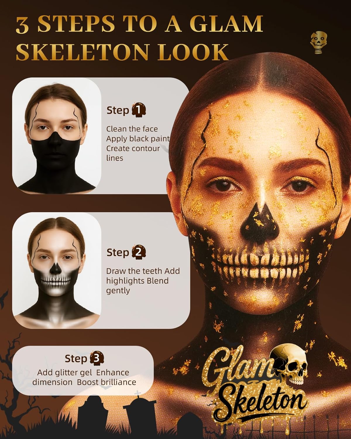Halloween Glam Skeleton Makeup Kit - Lictin Complete Skeleton/Skull Face Paint with Gold Glitter Gel, Professional Skull SFX Make Up Kit for Halloween, Costume, Cosplay, Carnivals for Adults & Kids - Image 4