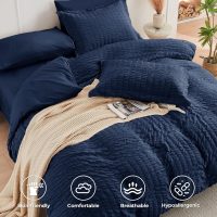 HYMOKEGE Navy Blue Queen Comforter Set Seersucker 7 Pieces, All Season Luxury Bed in a Bag for Bedroom, Bedding Set with Comforters, Sheets, Pillowcases & Shams - Image 3