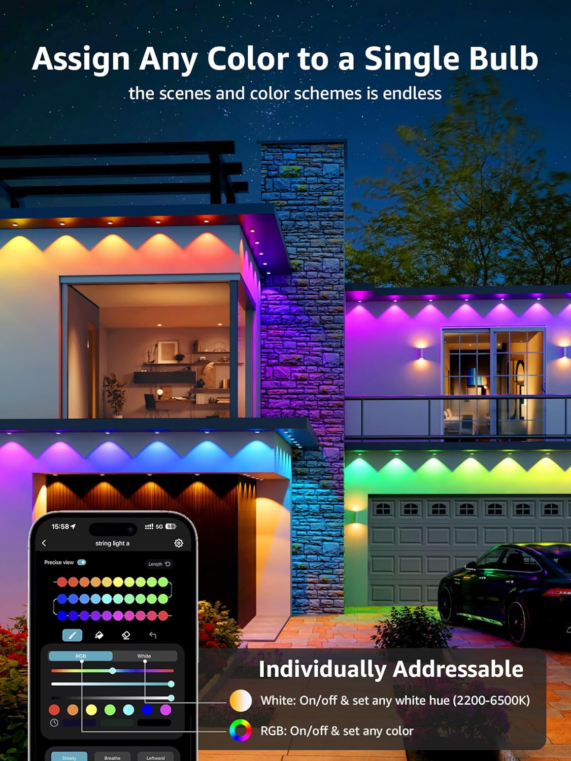 Lepro E1 AI Permanent Outdoor Lights APP Control, 100ft 60 LED Smart RGB+IC+Warm/Cool White House Eave Light for Halloween Christmas, Alexa Google Enabled, 2.4 GHz WiFi/Bluetooth, NO Remote Controller - Image 5