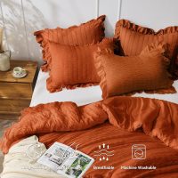 JOLLYVOGUE Burnt Orange Queen Comforter Set, 3 Pieces Seersucker Comforters Queen Size, Lightweight & Fluffy Bedding Sets Queen for All Season with 1 Ruffle Comforter and 2 Ruffle Pillowshams - Image 3