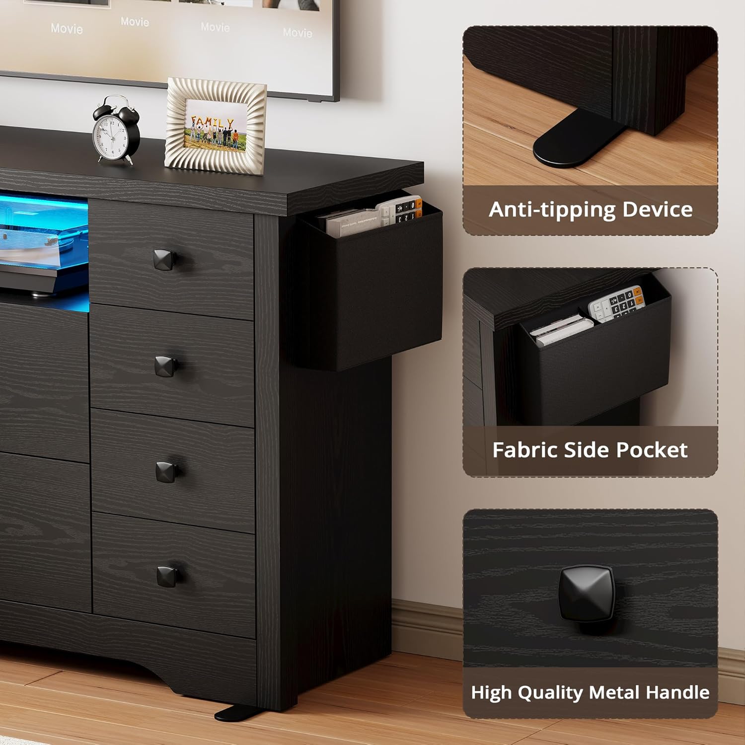 LIKIMIO Dresser with 10 Drawers, Bedroom Wooden Chest of Drawers with LED Lights and Power Outlets, Fabric Side Pocket, TV Stand for Living Room, Black - Image 7