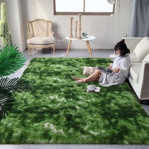 DweIke Fluffy Dark Green Rugs for Bedroom Living Room, 3x5 Feet Soft Plush Shaggy Tie-Dyed Forest Moss Green Girls Boys Kids Rug, Non-Slip and Machine Washable Carpet for Dorm Nursery Decor