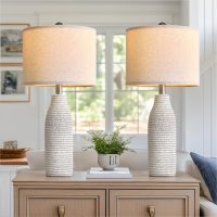 25" Ceramic Table Lamps for Living Room, Modern Design Bedside Lamps Set of 2, Nightstand Lamps for Bedroom with Rotary Switch, Gray and White - Image 2
