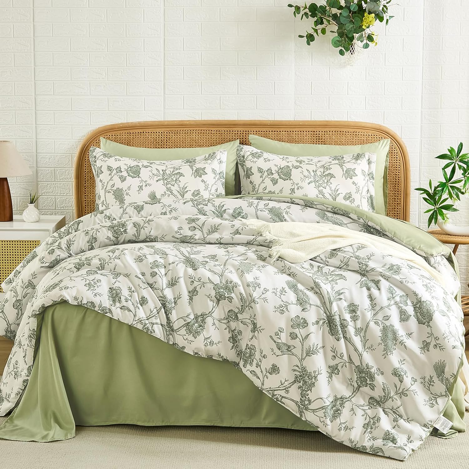 Luxudecor Floral Queen Comforter Set 7 Pieces Bed in a Bag, Sage Green Flower with Bird Bedding Set, Soft Reversible Comforter with Sheet Set 90"x90" - Image 8
