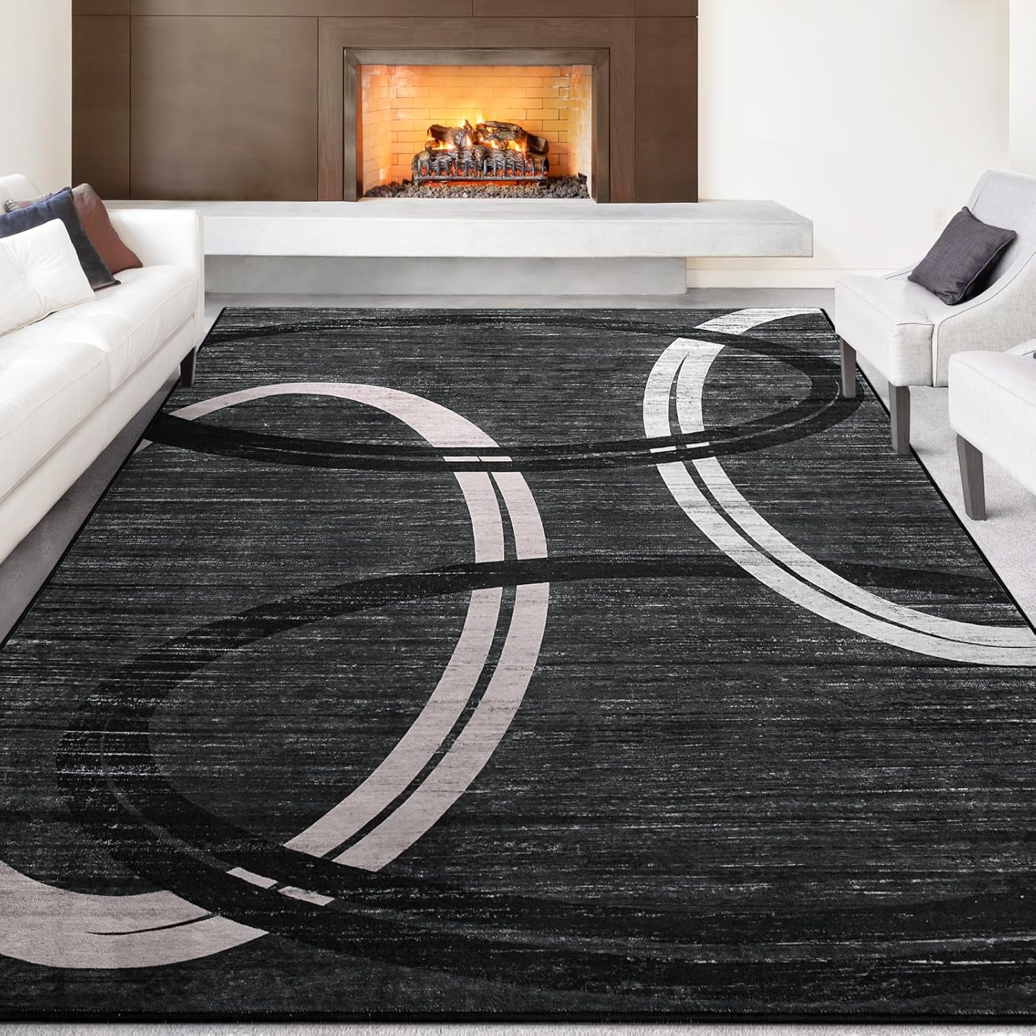 Kimicole Grey Area Rugs for Bedroom Living Room, 4×6 Modern Abstract Geometric Washable Rugs, Low Pile Thin Rug, Non-Slip Indoor Wavy Circles Floor Carpet for Office Dining Room Home Decor