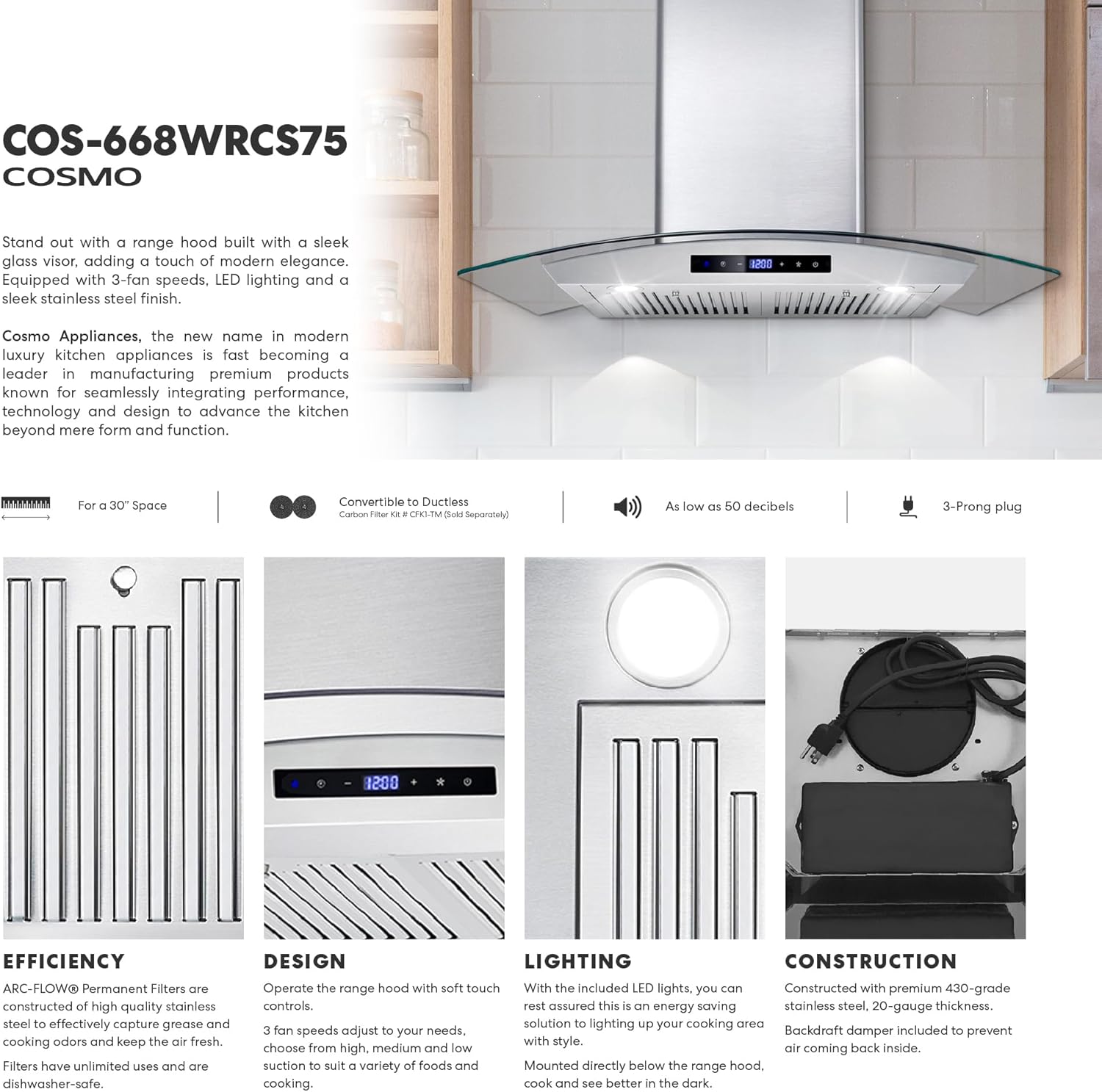 COSMO COS-668WRCS75 30 in. Vista Collection 380 CFM Ducted Wall Mount Range Hood, Touch Controls, LED Lights, Stainless Steel - Image 3